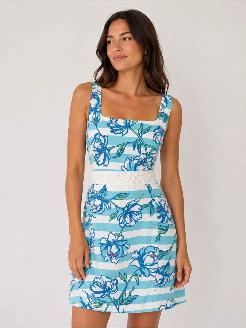 Lilly Pulitzer Blue & White Floral Striped Sleeveless Dress